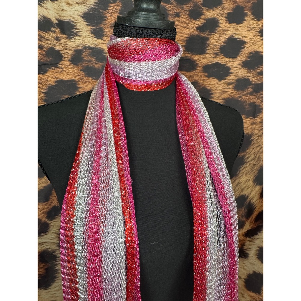 Metallic Knit Striped Fringe Scarf